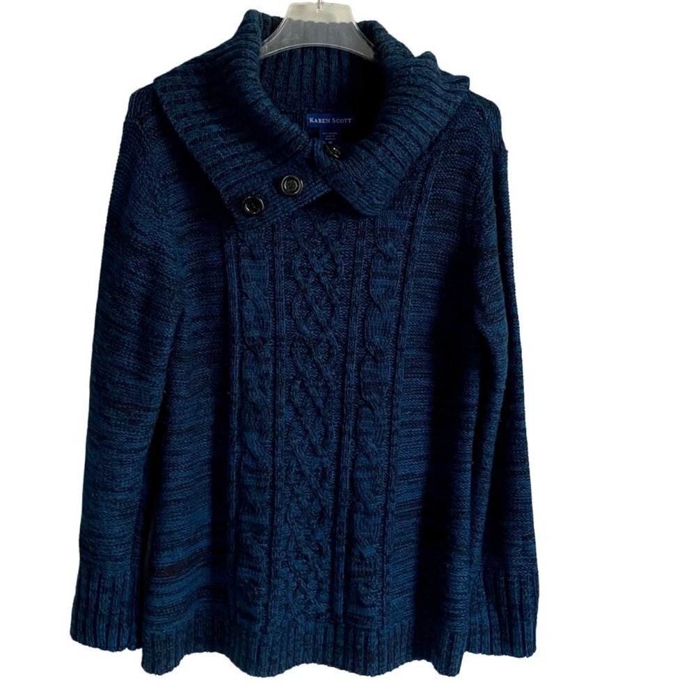 Karen Scott Navy Pull Over Cable Knit Sweater Button Collar Women's Medium - Picture 6 of 9